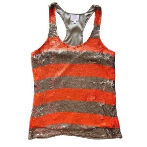 Parker Women’s Medium Orange Gold Sequins Stripe Silk Tank Top Sparkle Y2K Party